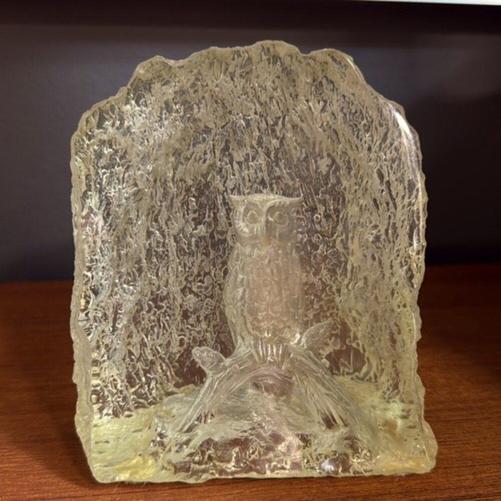 Reversed Carved Lucite owl  Sculpture Signed Agustin